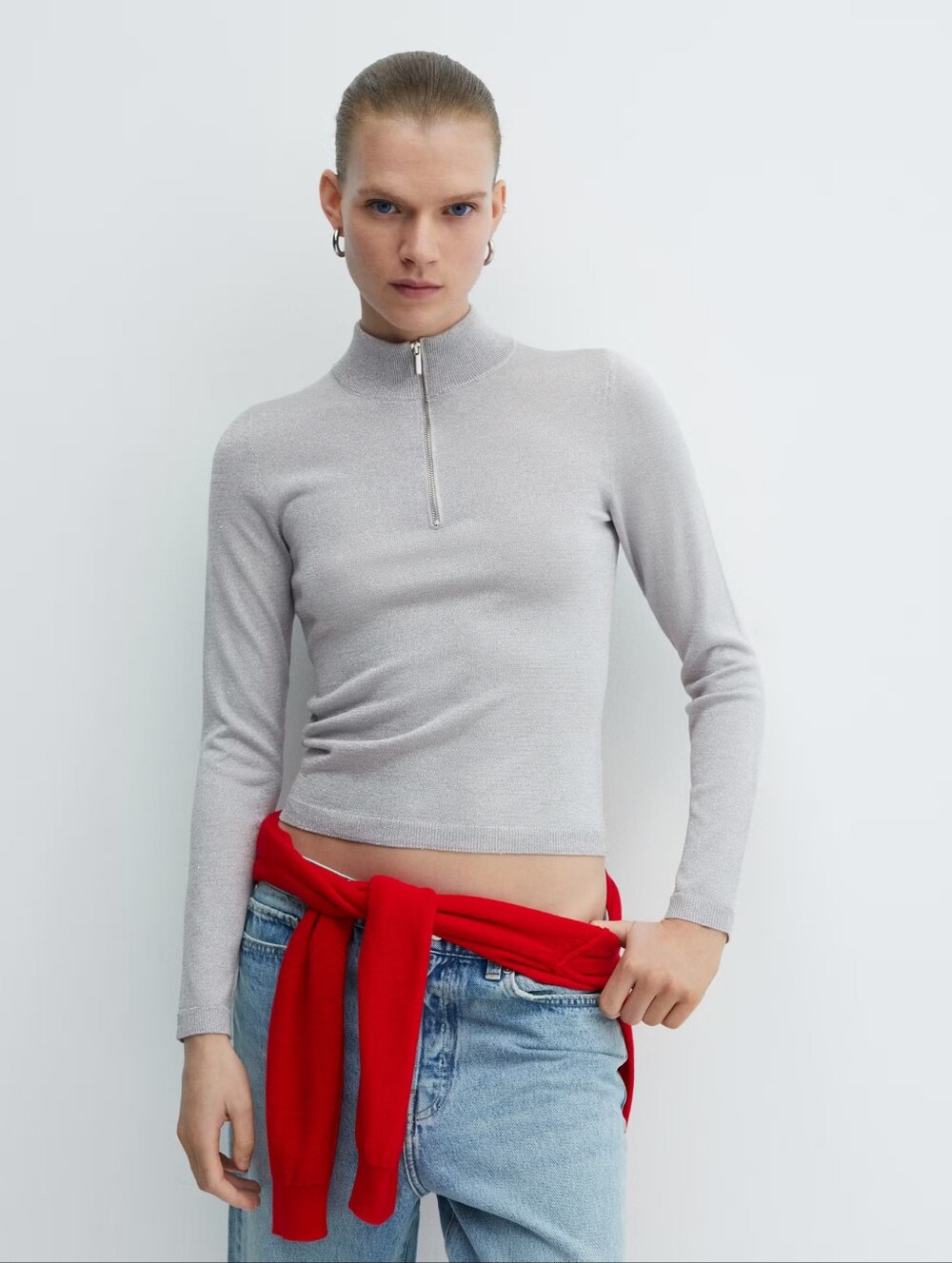Mango Silver Shimmer Zip Turtleneck Sweater